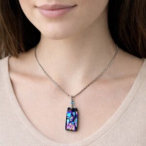 Sterling Silver Dichroic Glass Pendant Necklace 16” Iridescent Gallery Art Glass